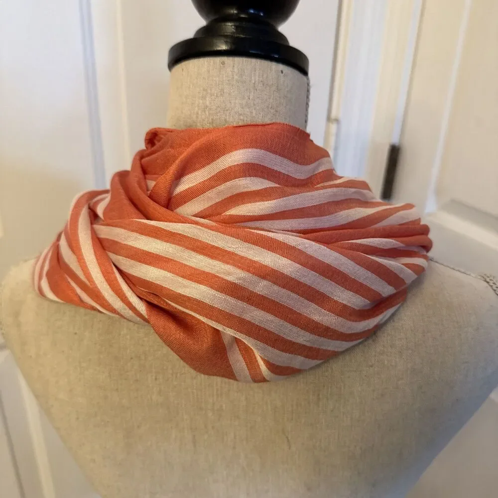 ORANGE & WHITE STRIPED Look Silk And Cotton Blend Infinity Scarf